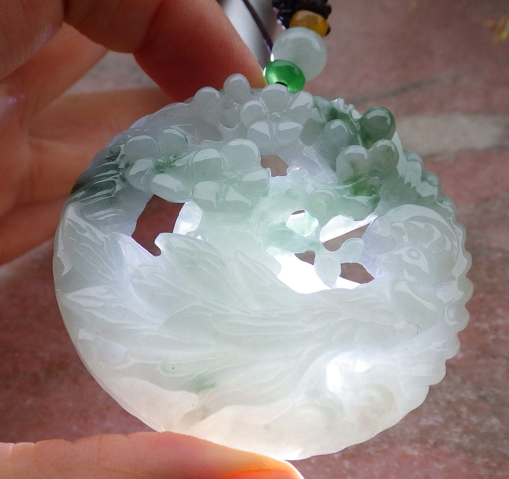 Certified Green Burma 100% Natural A Jade jadeite Pendant Peacock Phoenix Flower Necklace 孔雀 凤凰 643411  TN