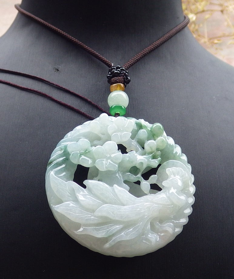 Certified Green Burma 100% Natural A Jade jadeite Pendant Peacock Phoenix Flower Necklace 孔雀 凤凰 643411  TN
