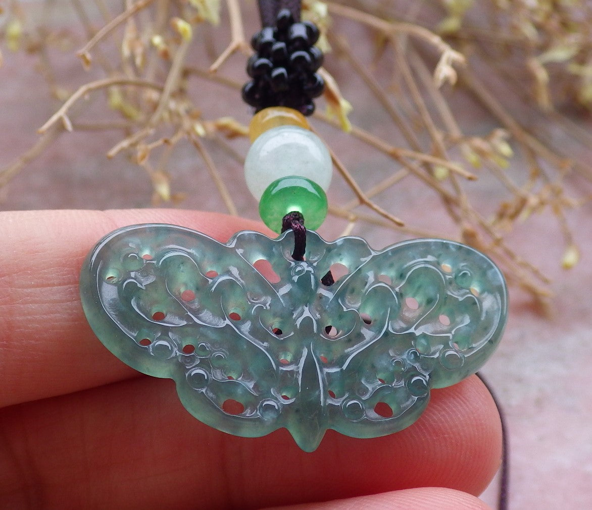 Certified Icy Green Burma 100% Natural A Jade jadeite Pendant Butterfly Neckace 蝴蝶 643450  TN