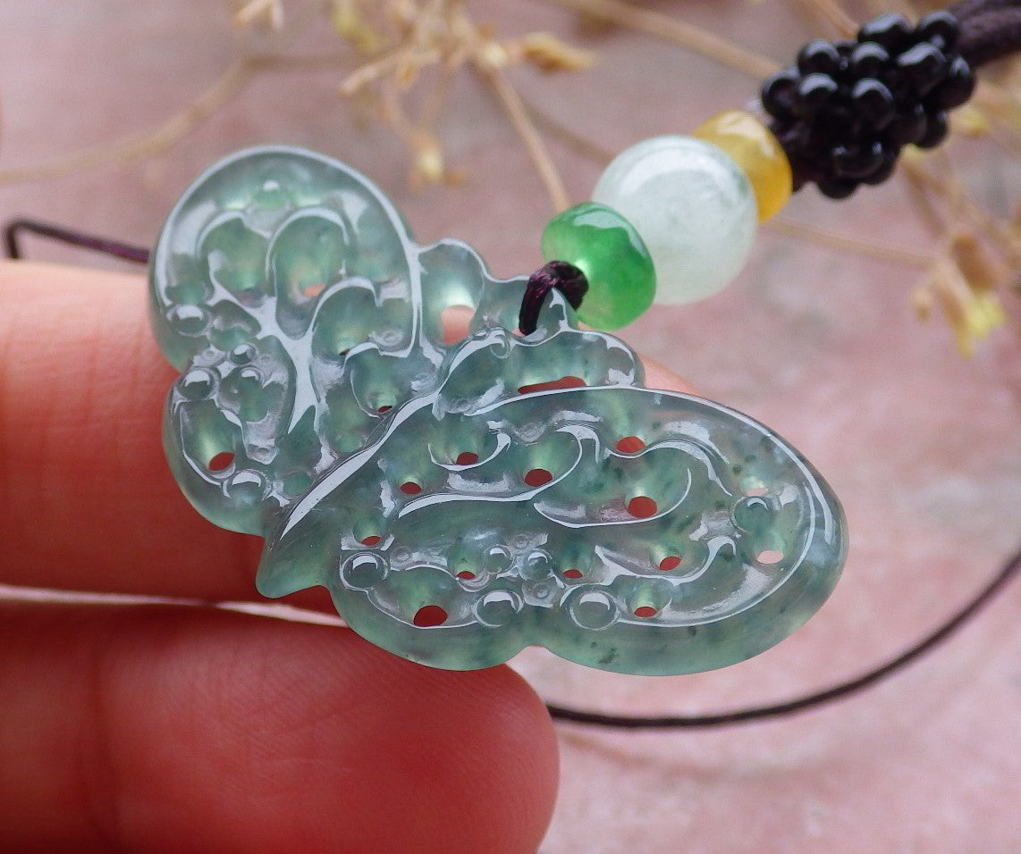 Certified Icy Green Burma 100% Natural A Jade jadeite Pendant Butterfly Neckace 蝴蝶 643450  TN