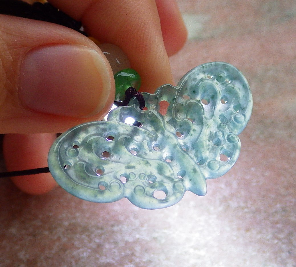 Certified Icy Green Burma 100% Natural A Jade jadeite Pendant Butterfly Neckace 蝴蝶 643450  TN