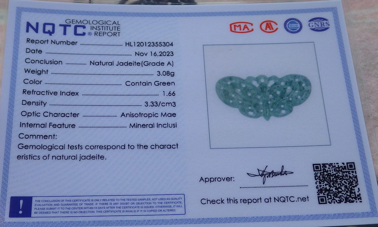 Certified Icy Green Burma 100% Natural A Jade jadeite Pendant Butterfly Neckace 蝴蝶 643450  TN