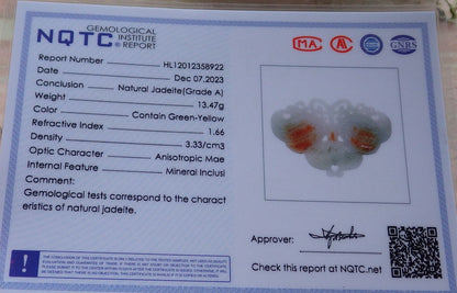 Certified Red Green Burma 100% Natural A Jade jadeite Pendant Butterfly Neckace 蝴蝶 643558  TN
