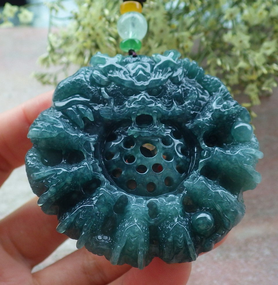 Certified Icy Green Burma 100% Natural A Jade jadeite Pendant 9 Dragon Bead Necklace 九龙戏珠 643581  TN