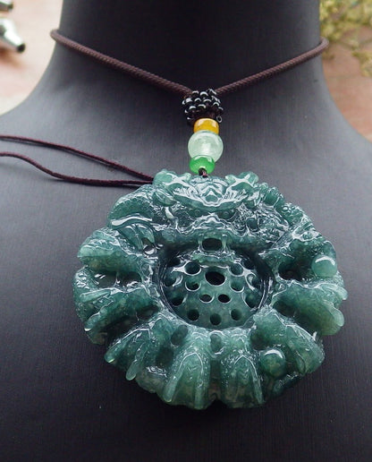 Certified Icy Green Burma 100% Natural A Jade jadeite Pendant 9 Dragon Bead Necklace 九龙戏珠 643581  TN