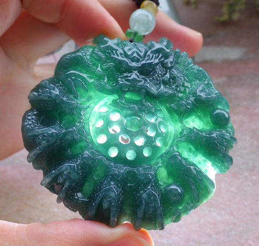 Certified Icy Green Burma 100% Natural A Jade jadeite Pendant 9 Dragon Bead Necklace 九龙戏珠 643590  TN
