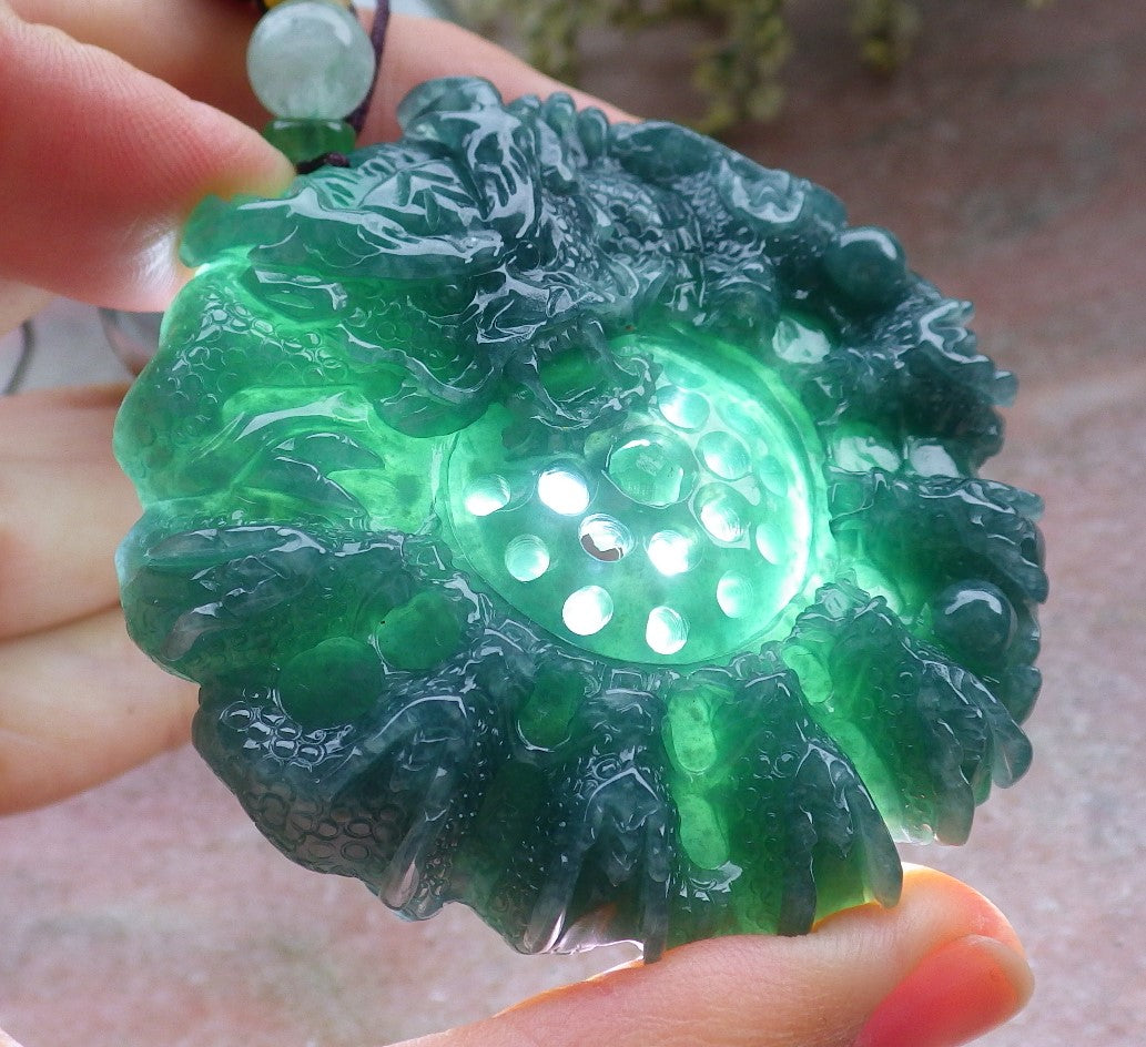 Certified Icy Green Burma 100% Natural A Jade jadeite Pendant 9 Dragon Bead Necklace 九龙戏珠 643590  TN