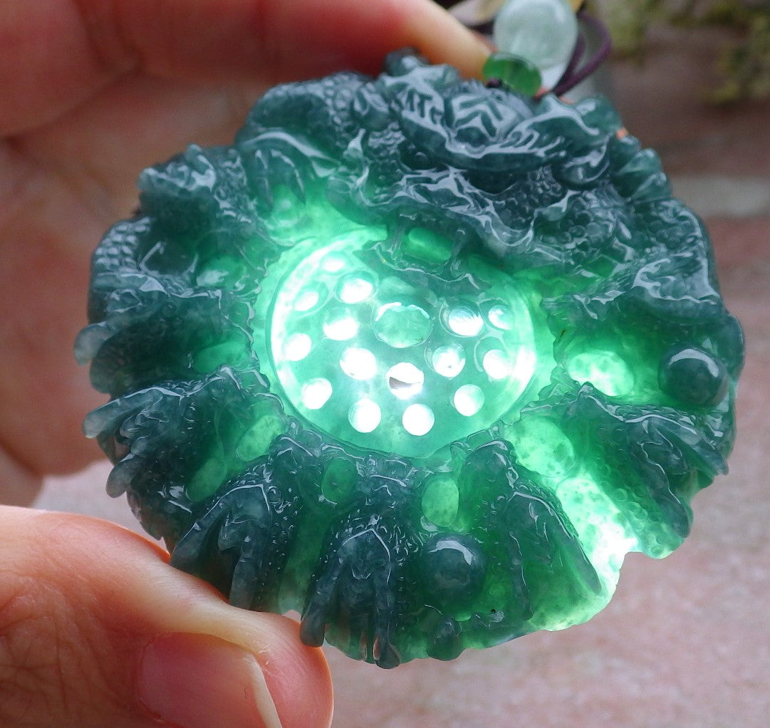 Certified Icy Green Burma 100% Natural A Jade jadeite Pendant 9 Dragon Bead Necklace 九龙戏珠 643590  TN