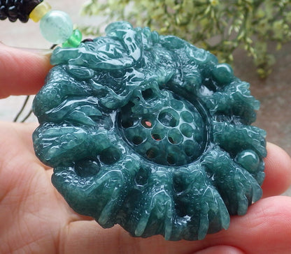 Certified Icy Green Burma 100% Natural A Jade jadeite Pendant 9 Dragon Bead Necklace 九龙戏珠 643590  TN