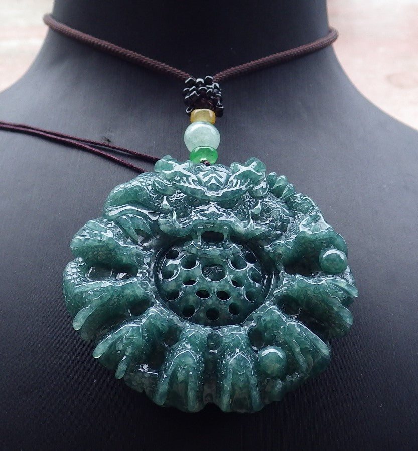 Certified Icy Green Burma 100% Natural A Jade jadeite Pendant 9 Dragon Bead Necklace 九龙戏珠 643590  TN