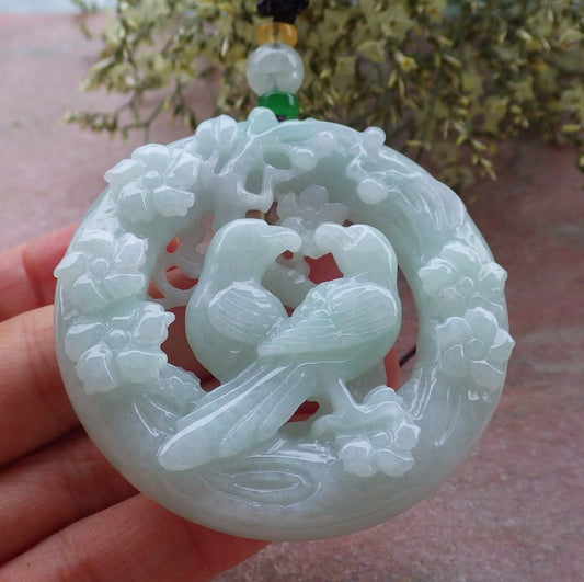 Certified Green Burma 100% Natural A Jade jadeite Pendant Mandarin Duck Phoenix Flower Circle Necklace 鸳鸯 643646  TN