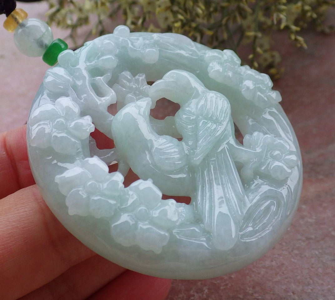 Certified Green Burma 100% Natural A Jade jadeite Pendant Mandarin Duck Phoenix Flower Circle Necklace 鸳鸯 643646  TN