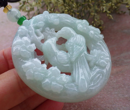 Certified Green Burma 100% Natural A Jade jadeite Pendant Mandarin Duck Phoenix Flower Circle Necklace 鸳鸯 643646  TN