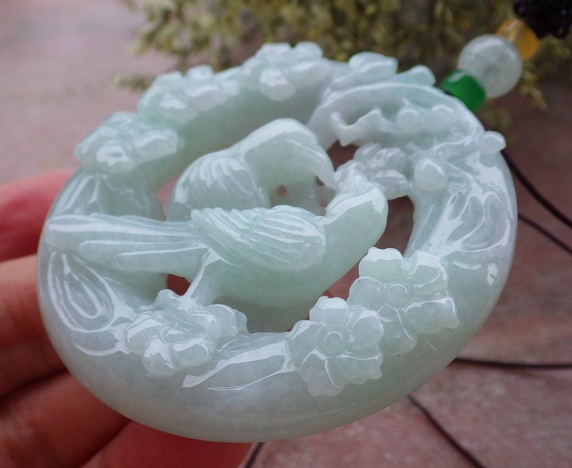 Certified Green Burma 100% Natural A Jade jadeite Pendant Mandarin Duck Phoenix Flower Circle Necklace 鸳鸯 643646  TN