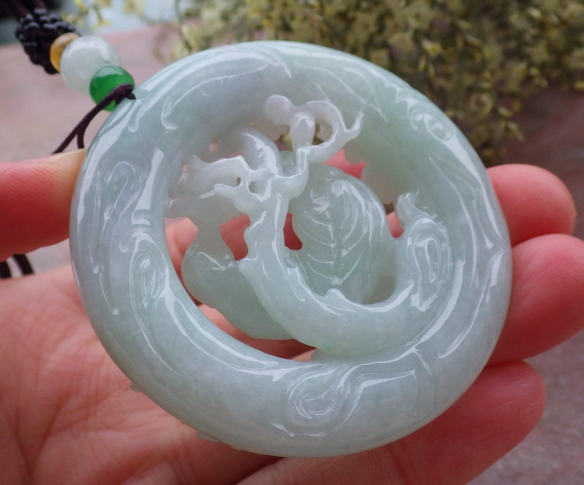 Certified Green Burma 100% Natural A Jade jadeite Pendant Mandarin Duck Phoenix Flower Circle Necklace 鸳鸯 643646  TN