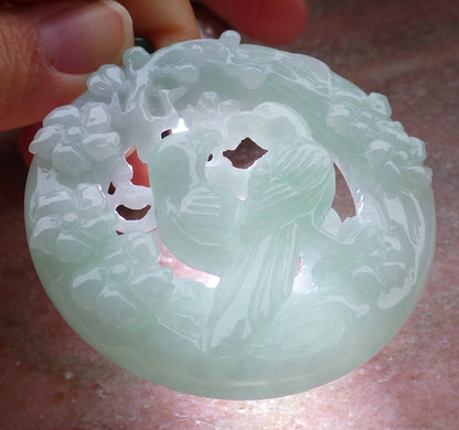 Certified Green Burma 100% Natural A Jade jadeite Pendant Mandarin Duck Phoenix Flower Circle Necklace 鸳鸯 643646  TN
