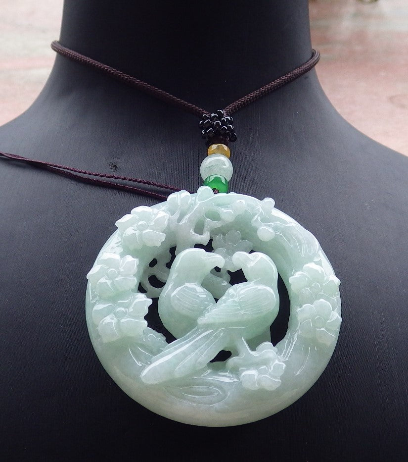 Certified Green Burma 100% Natural A Jade jadeite Pendant Mandarin Duck Phoenix Flower Circle Necklace 鸳鸯 643646  TN
