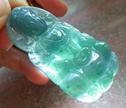 Certified Icy Green Burma 100% Natural A Jade jadeite Pendant Guanyin Kwan Yin Lotus Flower Necklace 观音 643773  TN