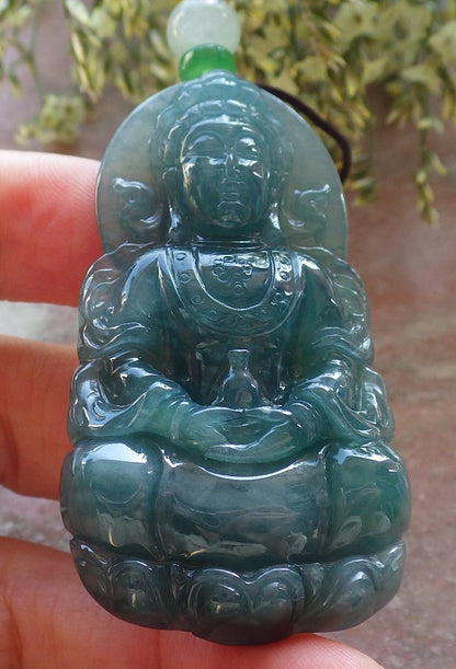 Certified Icy Green Burma 100% Natural A Jade jadeite Pendant Guanyin Kwan Yin Lotus Flower Necklace 观音 643773  TN