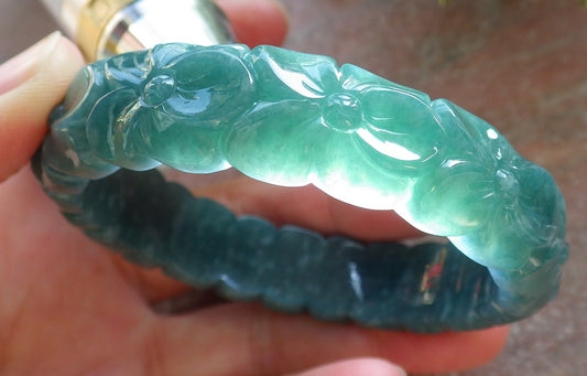 Certified Icy Green Burma 100% Natural A JADE Jadeite Flower Bangle Bracelet 57 mm 643784  TN