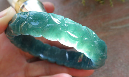 Certified Icy Green Burma 100% Natural A JADE Jadeite Flower Bangle Bracelet 57 mm 643784  TN