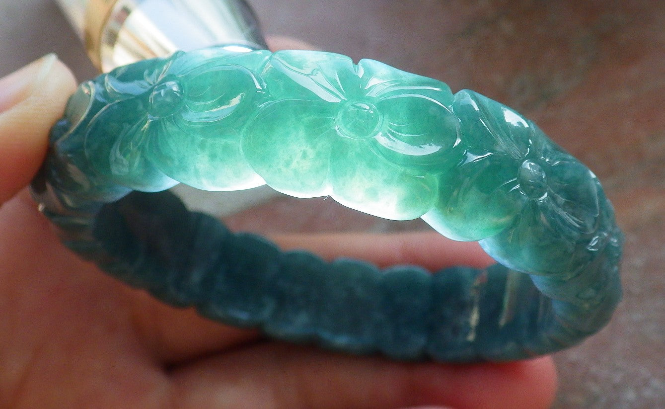 Certified Icy Green Burma 100% Natural A JADE Jadeite Flower Bangle Bracelet 57 mm 643784  TN