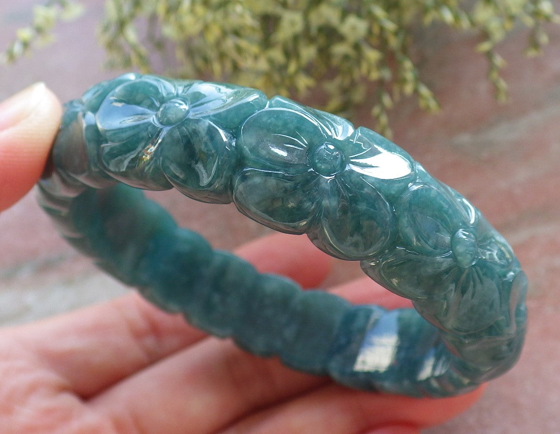 Certified Icy Green Burma 100% Natural A JADE Jadeite Flower Bangle Bracelet 57 mm 643784  TN