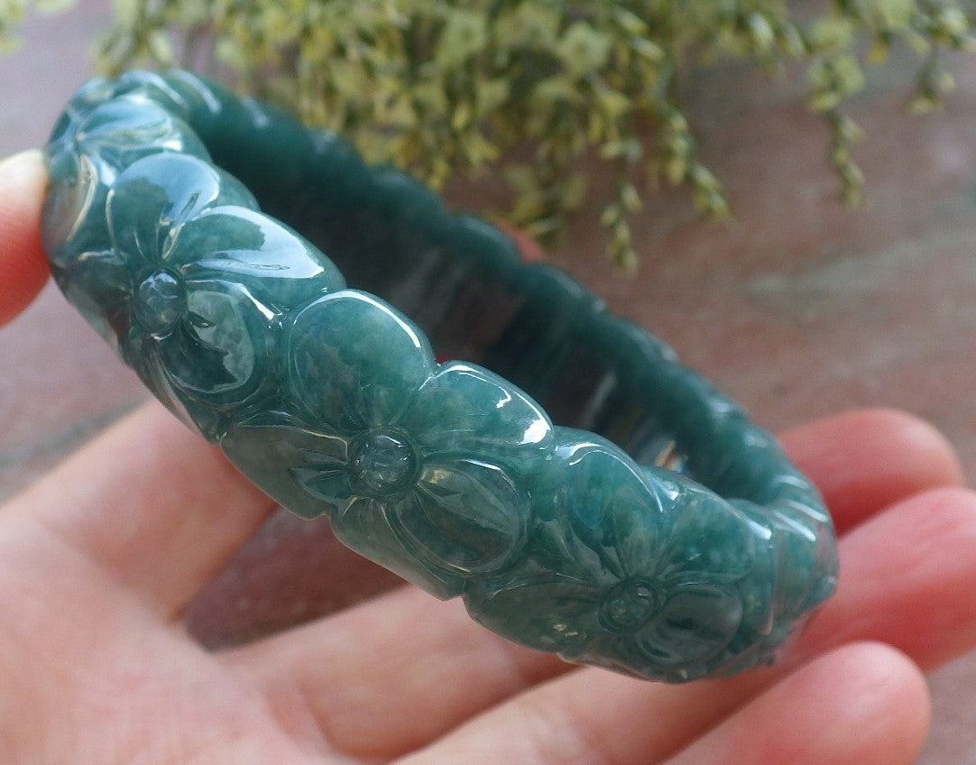Certified Icy Green Burma 100% Natural A JADE Jadeite Flower Bangle Bracelet 57 mm 643784  TN
