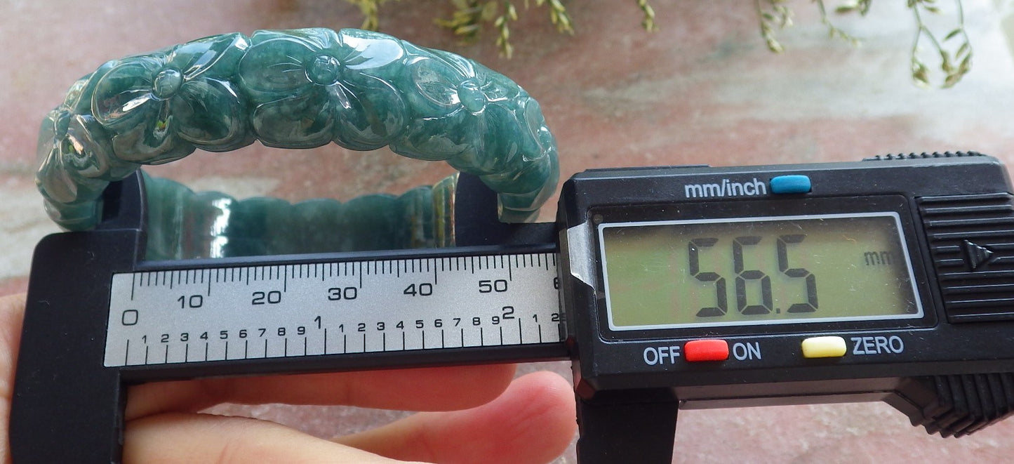 Certified Icy Green Burma 100% Natural A JADE Jadeite Flower Bangle Bracelet 57 mm 643784  TN
