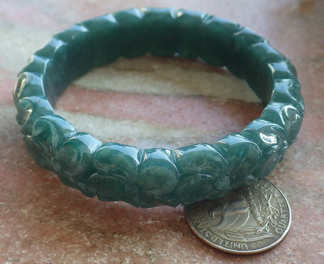 Certified Icy Green Burma 100% Natural A JADE Jadeite Flower Bangle Bracelet 57 mm 643784  TN