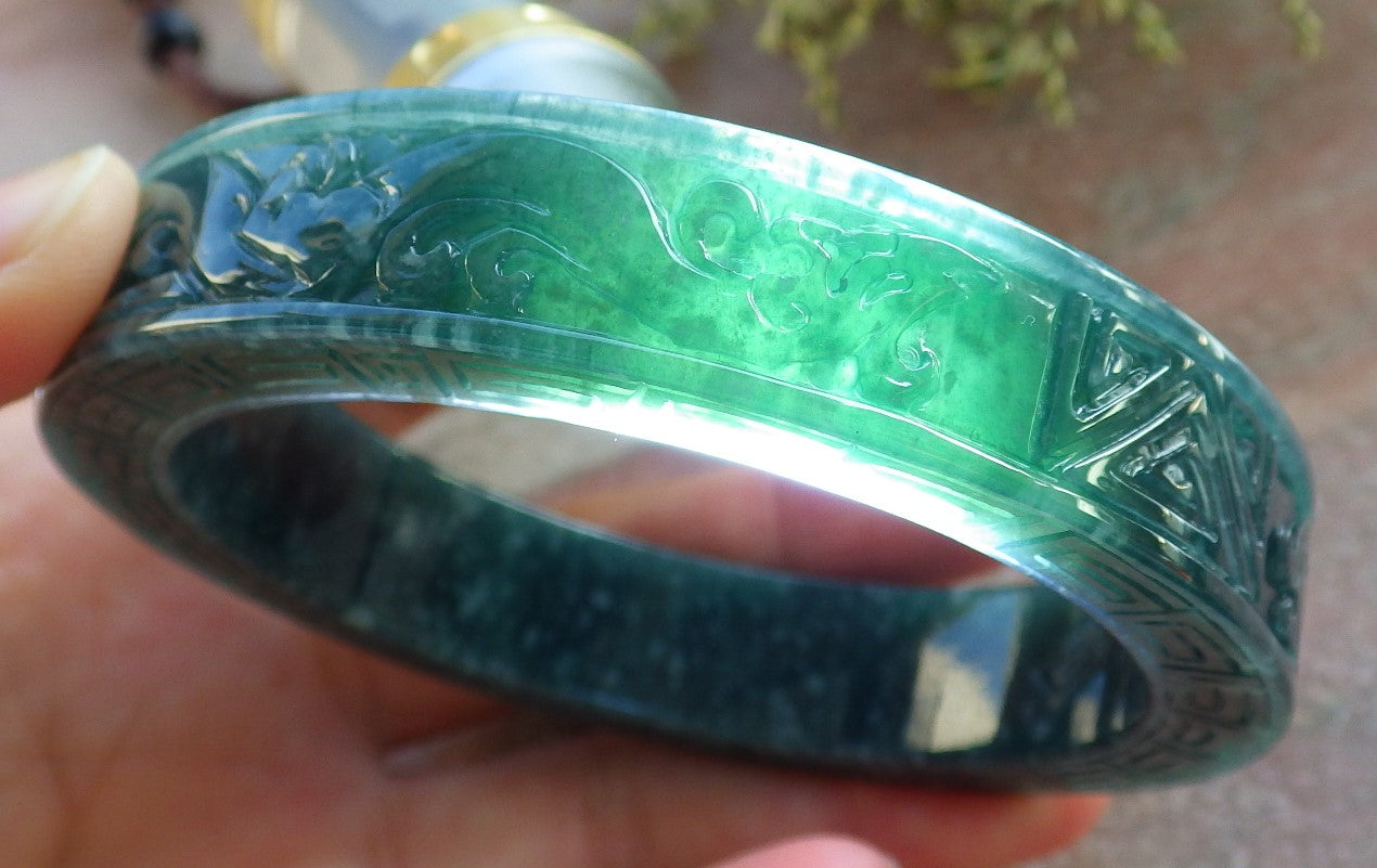 Certified Icy Green Burma 100% Natural A JADE Jadeite Dragon Phoenix Bangle Bracelet 65 mm 手镯 643908  TN