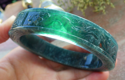 Certified Icy Green Burma 100% Natural A JADE Jadeite Dragon Phoenix Bangle Bracelet 65 mm 手镯 643908  TN