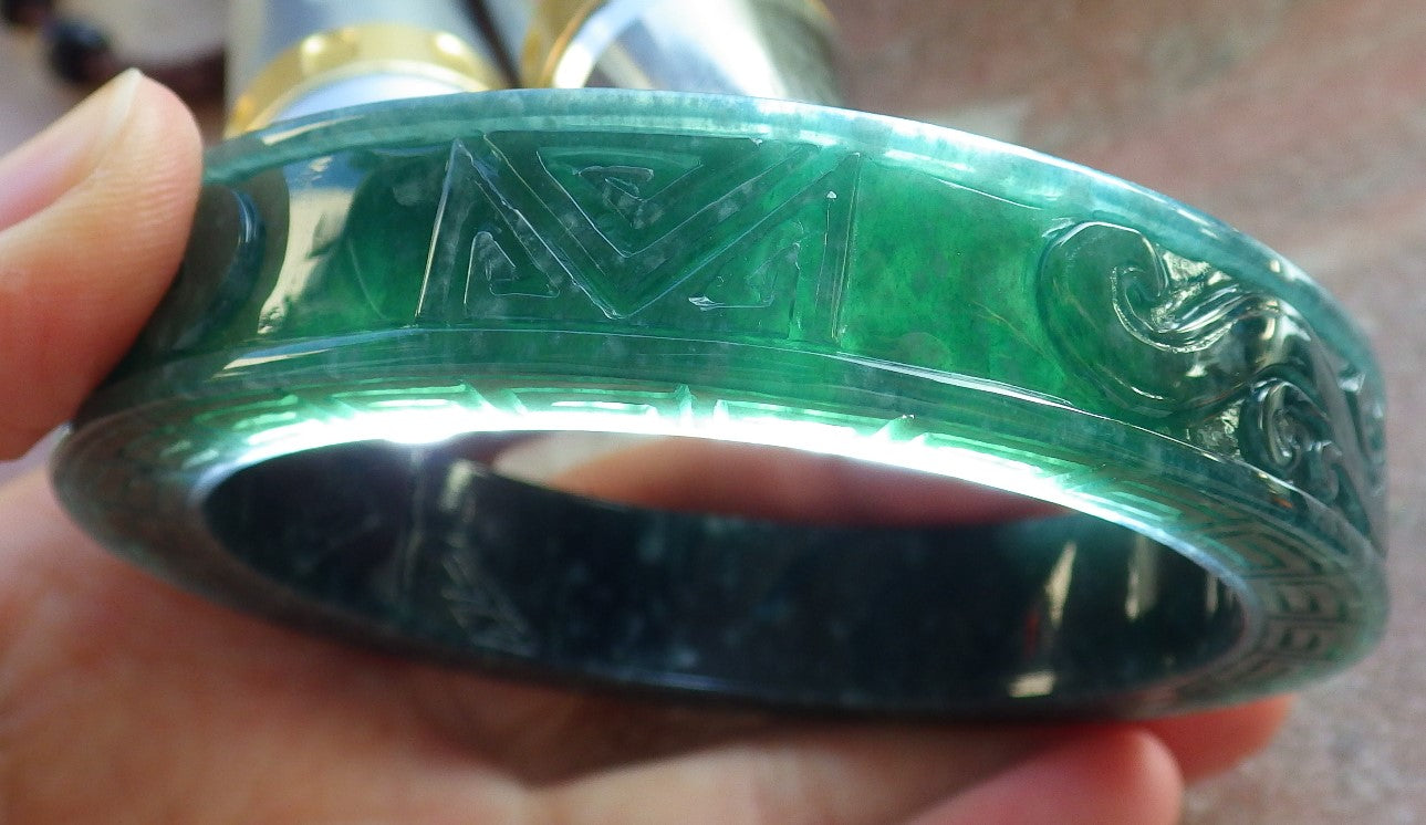 Certified Icy Green Burma 100% Natural A JADE Jadeite Dragon Phoenix Bangle Bracelet 65 mm 手镯 643908  TN