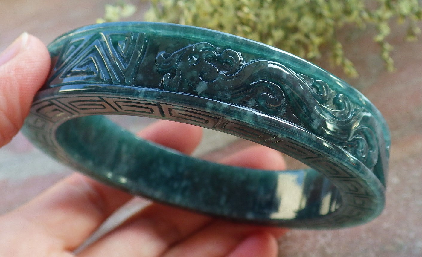 Certified Icy Green Burma 100% Natural A JADE Jadeite Dragon Phoenix Bangle Bracelet 65 mm 手镯 643908  TN