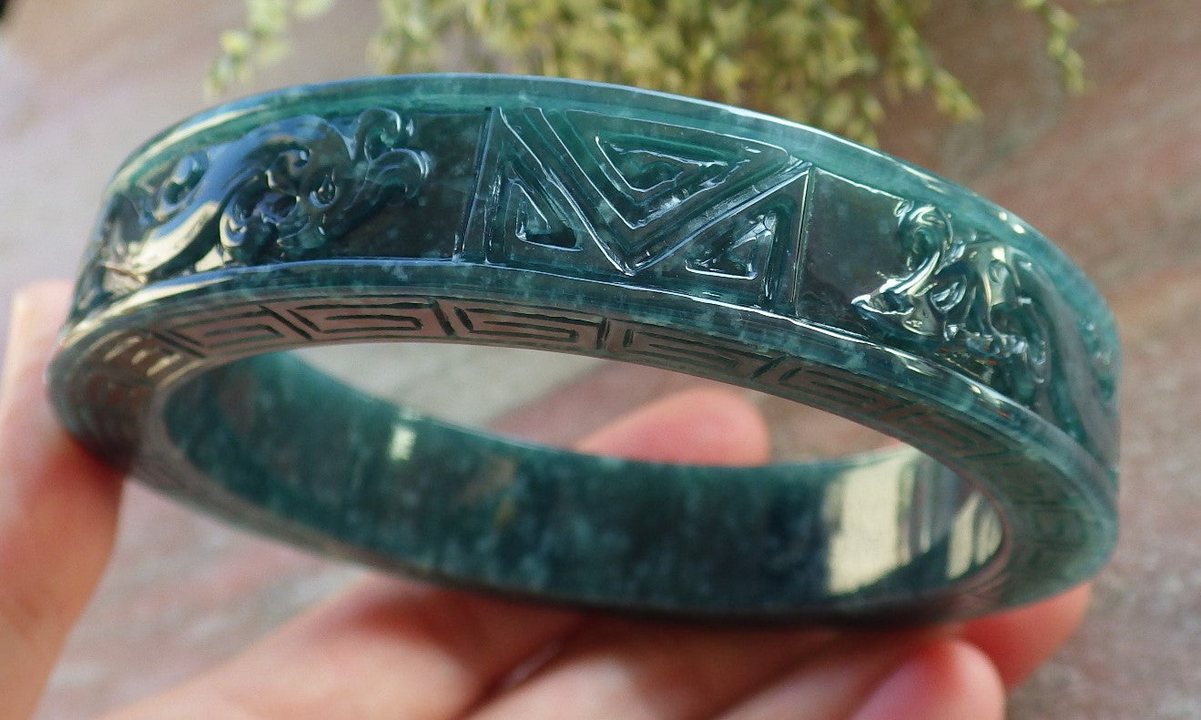 Certified Icy Green Burma 100% Natural A JADE Jadeite Dragon Phoenix Bangle Bracelet 65 mm 手镯 643908  TN