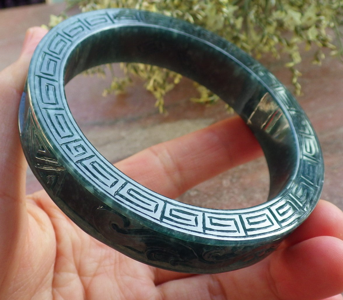 Certified Icy Green Burma 100% Natural A JADE Jadeite Dragon Phoenix Bangle Bracelet 65 mm 手镯 643908  TN