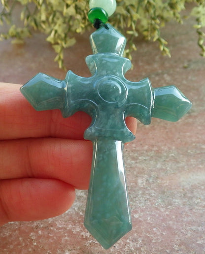 Certified Icy Green Burma 100% Natural A Jade jadeite Pendant Jesus Cross Necklace 十字架 643928  TN