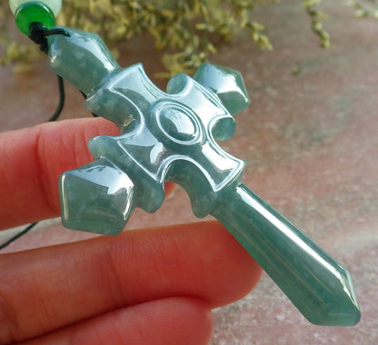 Certified Icy Green Burma 100% Natural A Jade jadeite Pendant Jesus Cross Necklace 十字架 643928  TN
