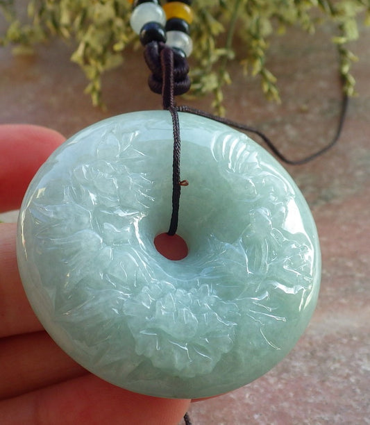 Certified Green Burma 100% Natural A Jade jadeite Pendant Butterfly Flower Circle Necklace 平安扣 643936  TN