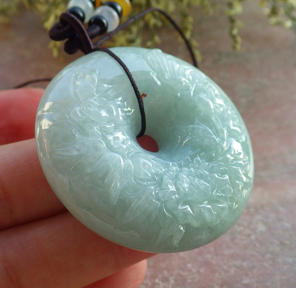 Certified Green Burma 100% Natural A Jade jadeite Pendant Butterfly Flower Circle Necklace 平安扣 643936  TN