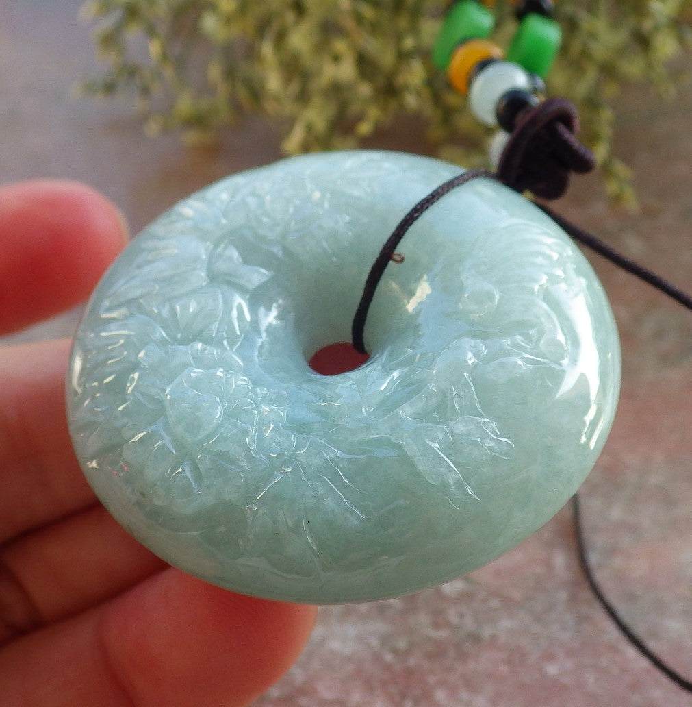 Certified Green Burma 100% Natural A Jade jadeite Pendant Butterfly Flower Circle Necklace 平安扣 643936  TN