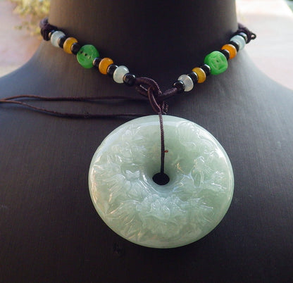 Certified Green Burma 100% Natural A Jade jadeite Pendant Butterfly Flower Circle Necklace 平安扣 643936  TN