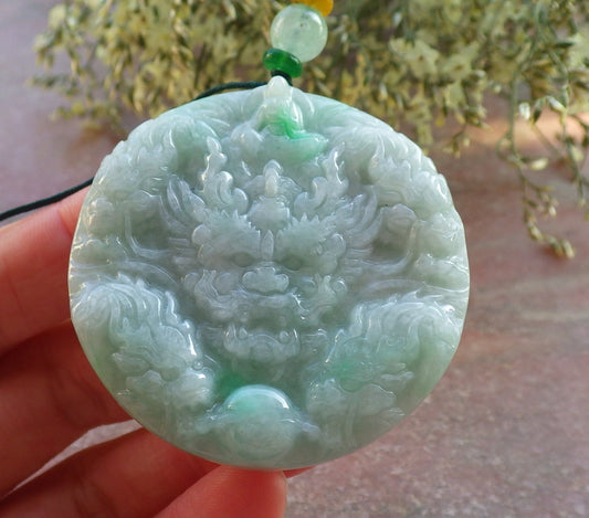 Certified Green Burma 100% Natural A Jade jadeite Pendant 9 Dragon Buddha God Circle Necklace 643967  TN