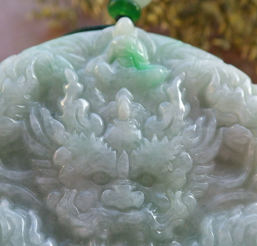 Certified Green Burma 100% Natural A Jade jadeite Pendant 9 Dragon Buddha God Circle Necklace 643967  TN