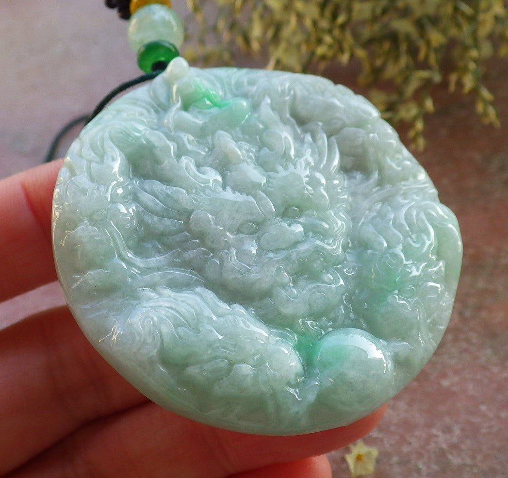 Certified Green Burma 100% Natural A Jade jadeite Pendant 9 Dragon Buddha God Circle Necklace 643967  TN