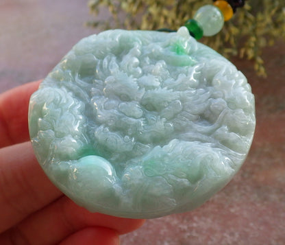 Certified Green Burma 100% Natural A Jade jadeite Pendant 9 Dragon Buddha God Circle Necklace 643967  TN
