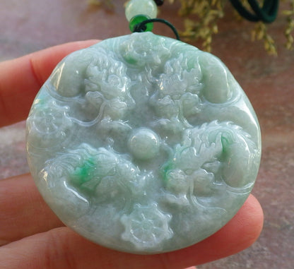 Certified Green Burma 100% Natural A Jade jadeite Pendant 9 Dragon Buddha God Circle Necklace 643967  TN