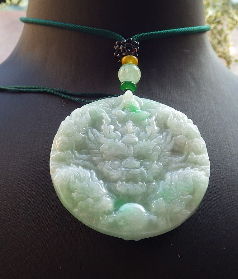 Certified Green Burma 100% Natural A Jade jadeite Pendant 9 Dragon Buddha God Circle Necklace 643967  TN