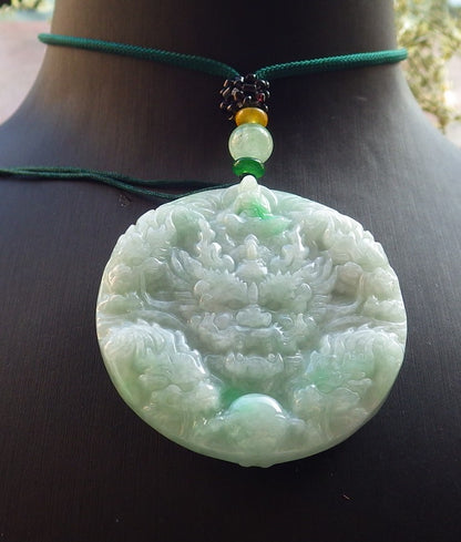 Certified Green Burma 100% Natural A Jade jadeite Pendant 9 Dragon Buddha God Circle Necklace 643967  TN