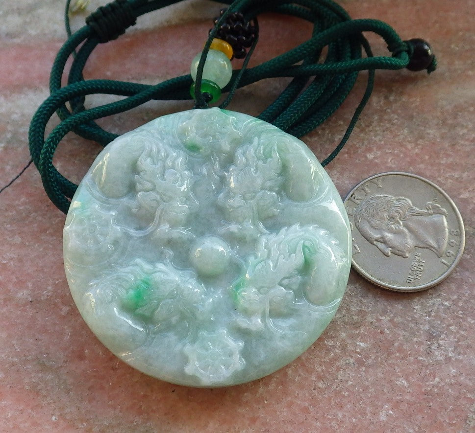 Certified Green Burma 100% Natural A Jade jadeite Pendant 9 Dragon Buddha God Circle Necklace 643967  TN